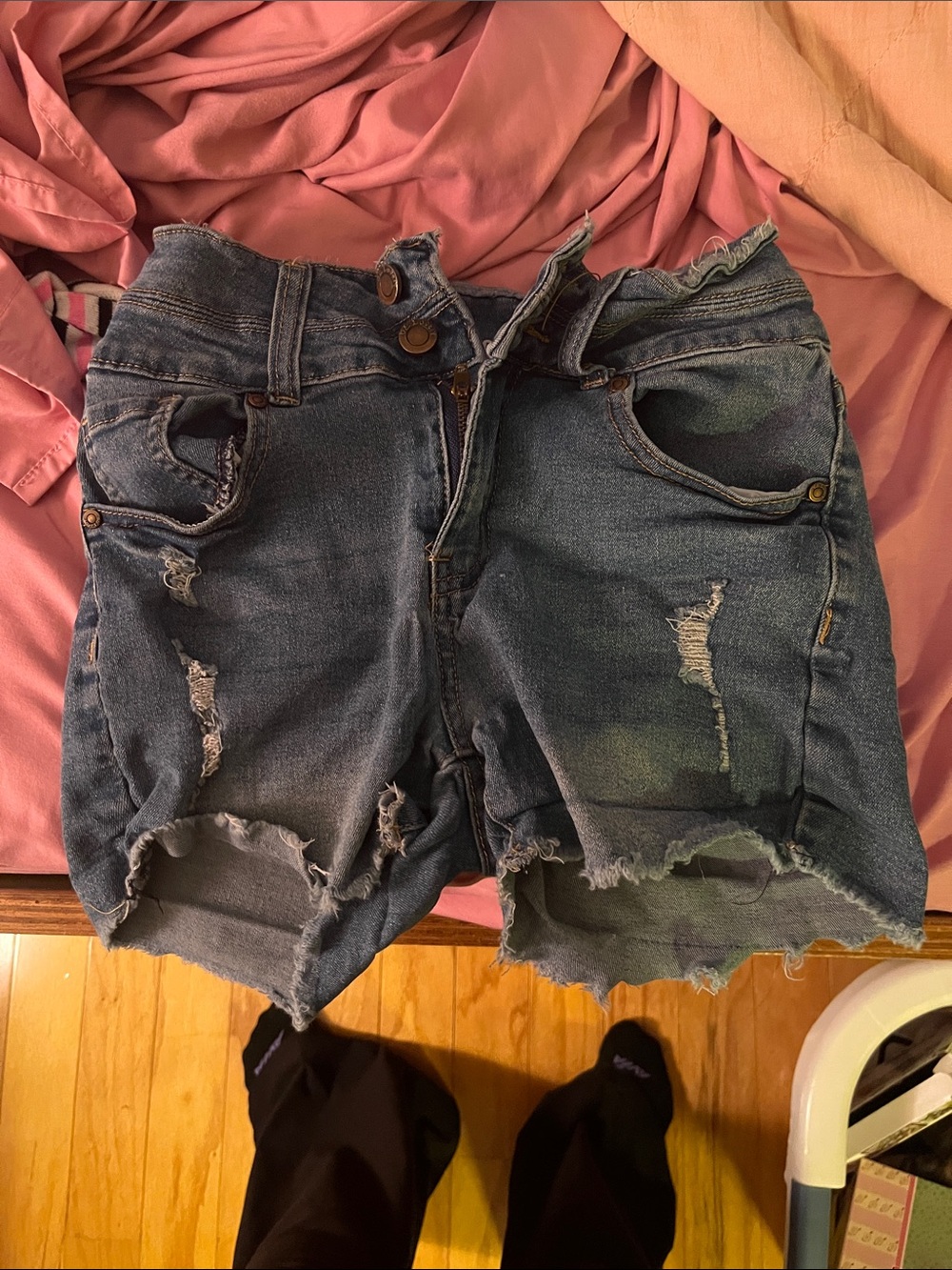 Distressed High-Waist Denim Shorts - Blue